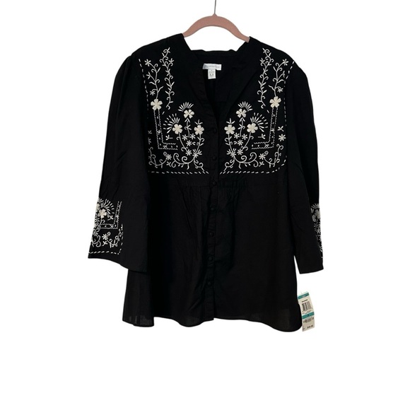 Charter Club Top Button Up Black & Cream Embroidered Boho Size 16 - Picture 1 of 11